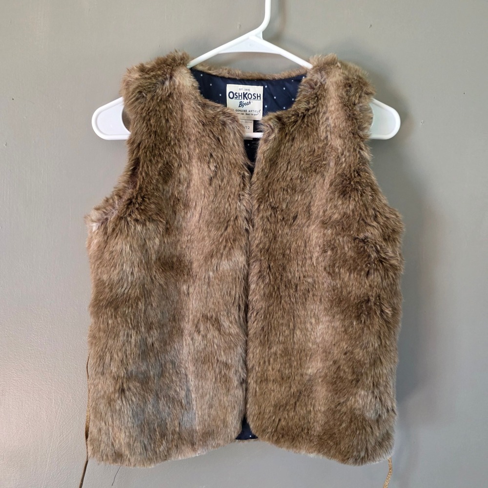 OshKosh Girls Faux Fur Vest Size 10/12 Brown Polka Dot Gold Belt Old Money